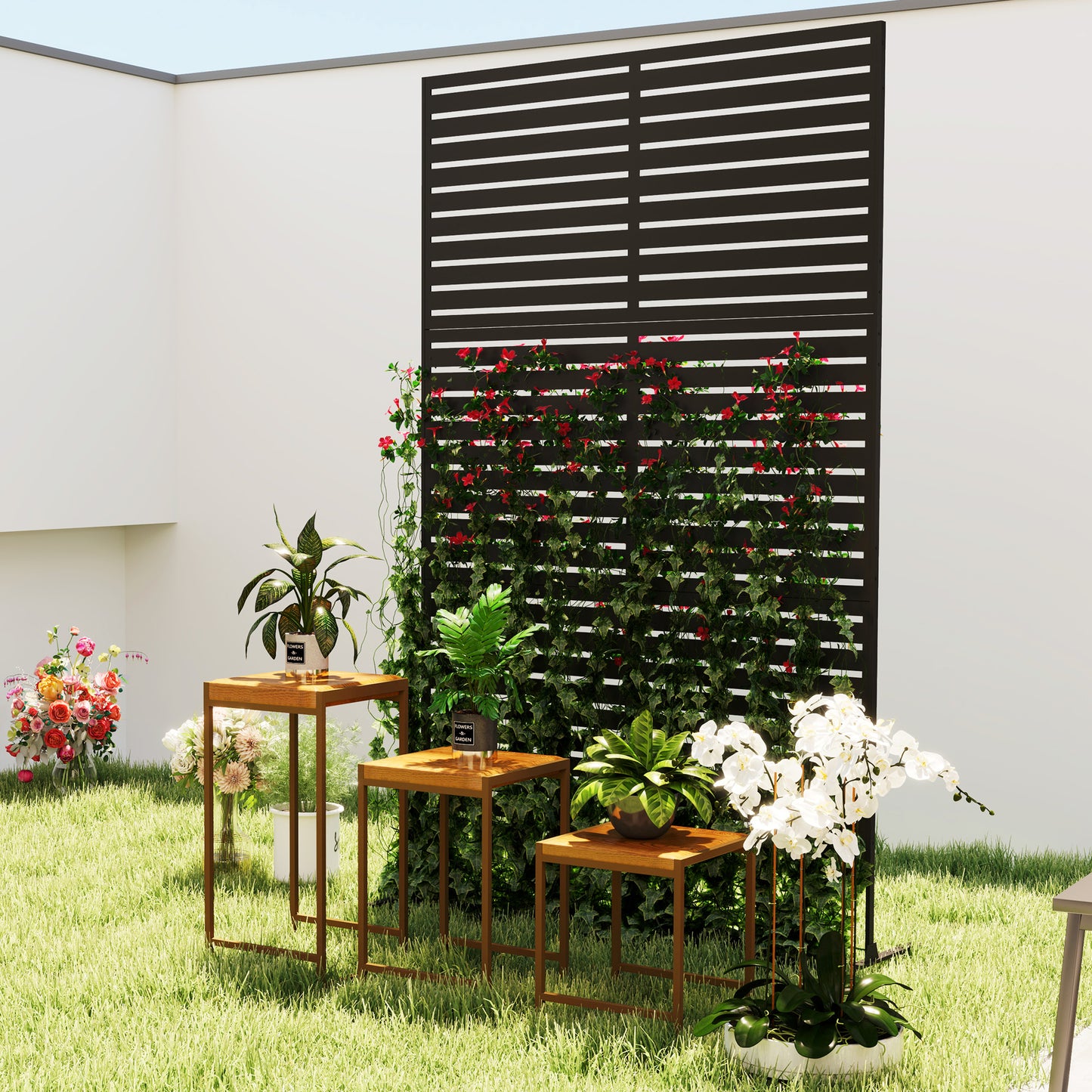 Decorative Privacy Fence Screen, Metal Outdoor Privacy Screen Climbing Plant Trellis with Stand, 122 x 198 cm, Black