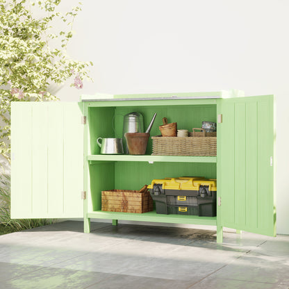 Wood Garden Storage Cabinet, Outdoor Tool Shed, Potting Bench Table with galvanised Top and Two Shelves for garden Tools or P