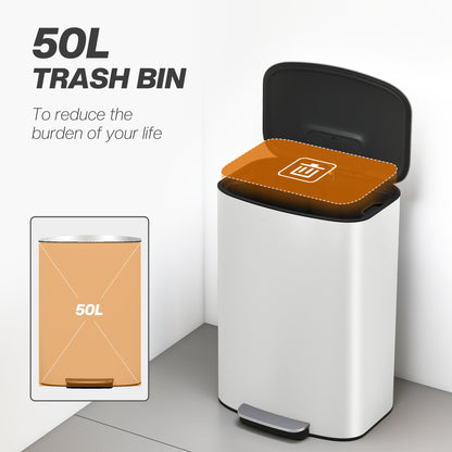 50L Kitchen Bin with Soft-Close Lid and Stay-Open Function, Stainless Steel Pedal Bin with Removable Inner Bucket