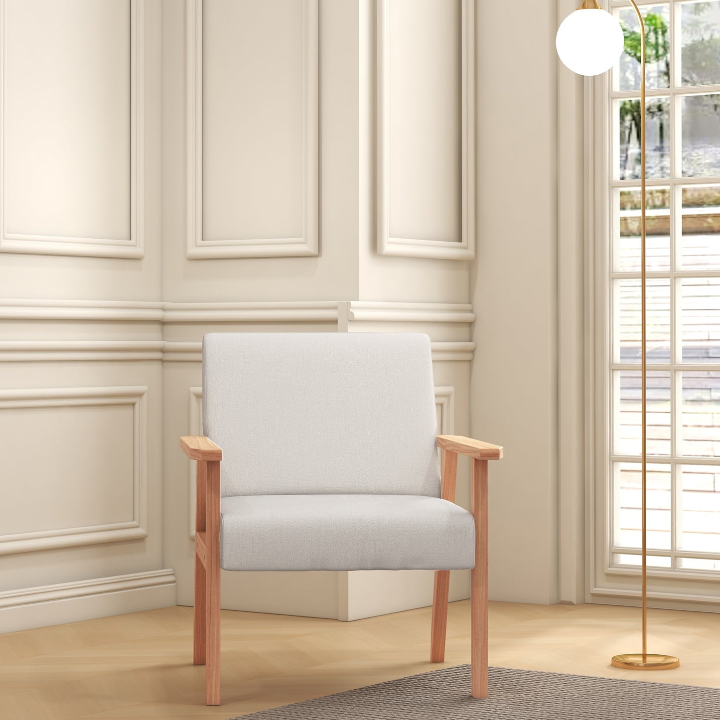 Modern Armchair, Linen Upholstered Accent Chair with Solid Wood Legs and Wide Seat