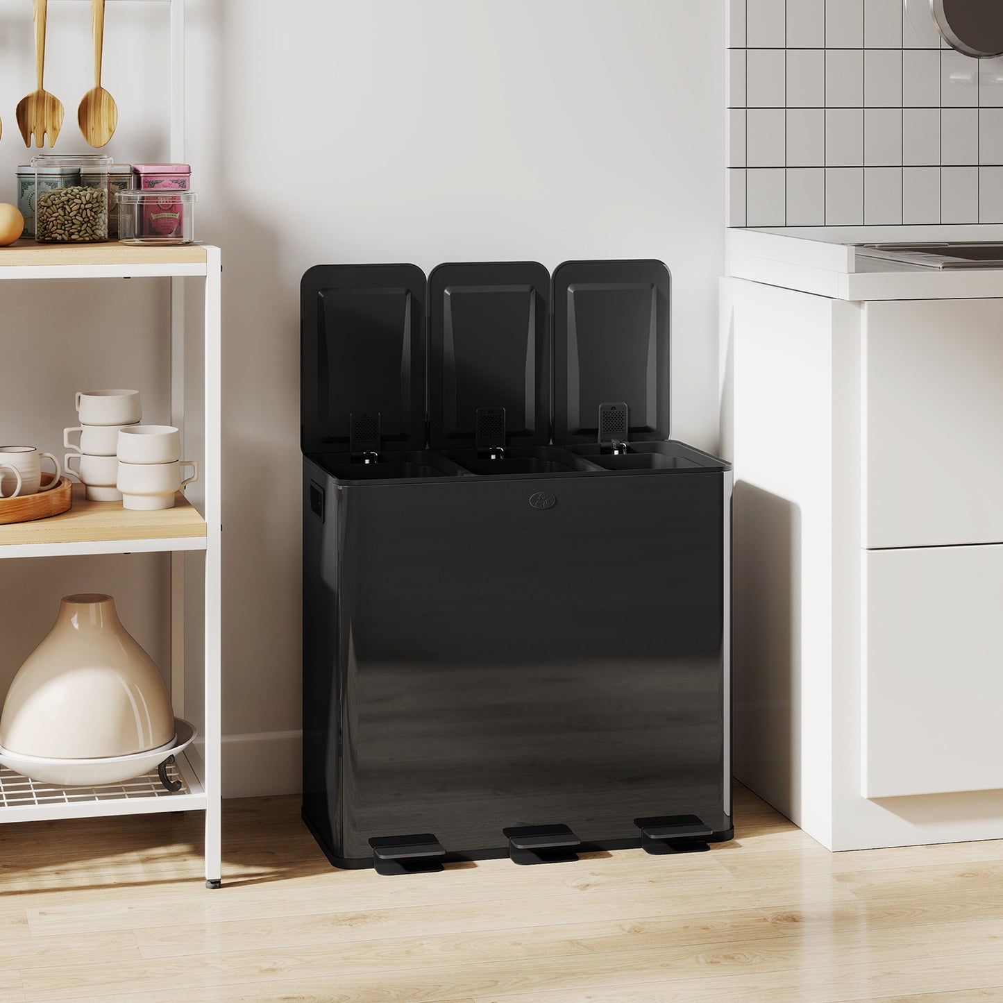 3 x 20L Pedal Bin, Steel Triple Kitchen Bin with Soft Close Lid, Removable Inner Buckets, Fingerprint-Proof, Black