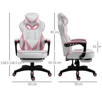 Computer Gaming Chair with Lumbar Support and Footrest - Pink / White