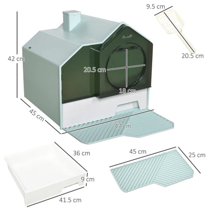 Home Style Cat Litter House Tray with Chimney Filter, Pull Out Tray and Front Door - Sky Blue