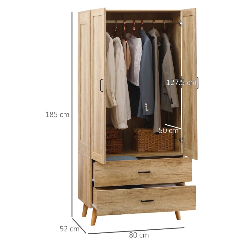 Wooden Wardrobe with Wood Panel Outline and 2 Underneath Pull Out Drawers