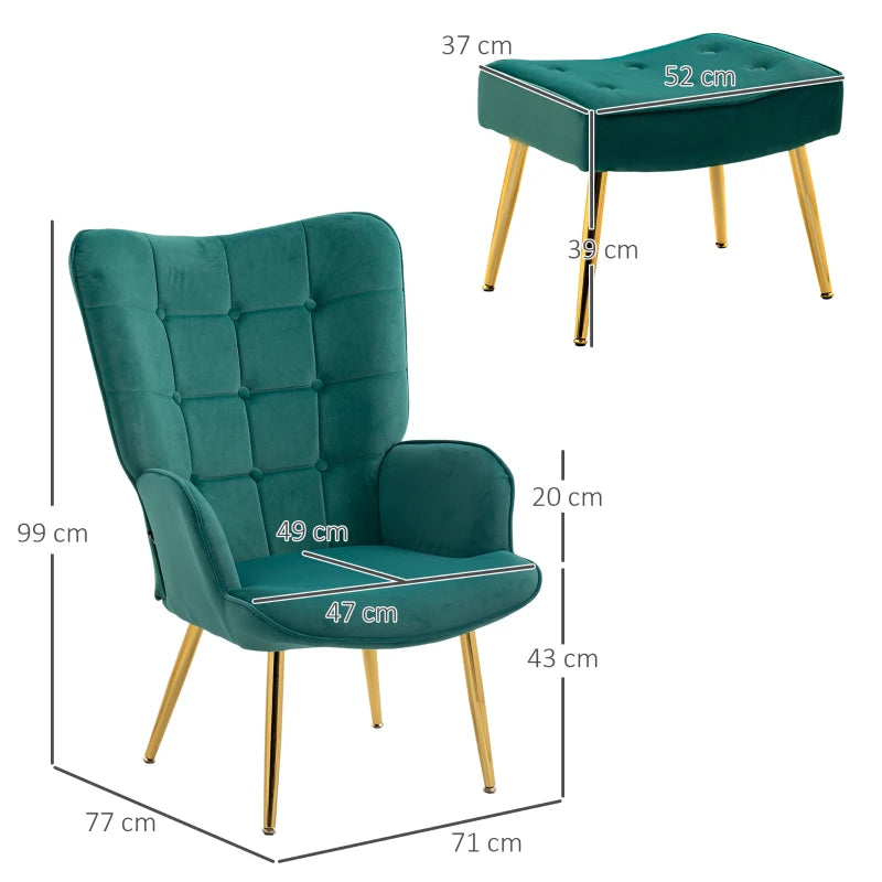 Velvet Wingback Modern Armchair with Footstool Chair with Steel Legs - Emerald