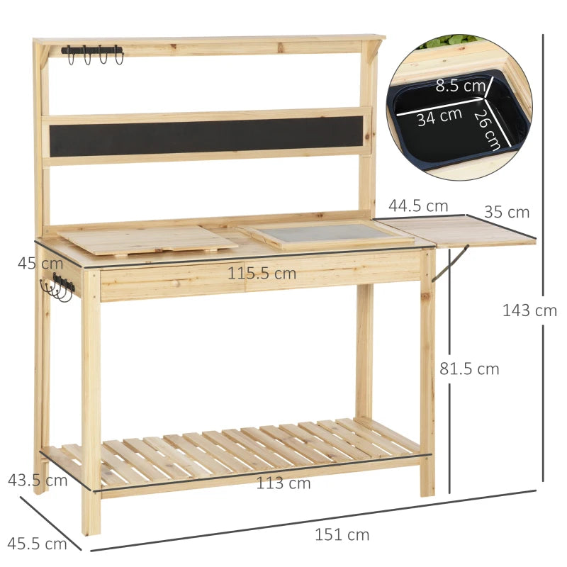 Wooden Potting Bench with Side Table, Chalkboard, Multi-Storage, Metal Sieve Screen and Hidden Sink