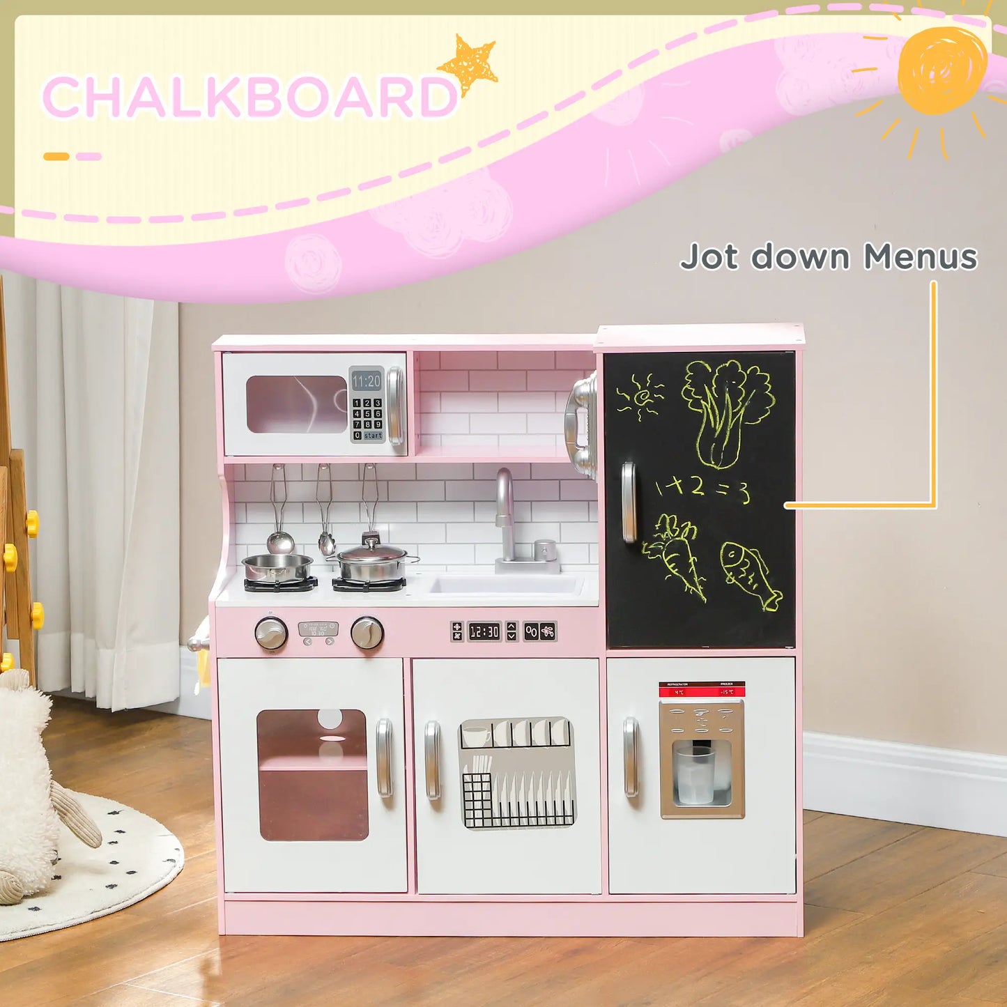 Kitchen Playset with Chalkboard, Storage Cupboards and Accessories - Pink