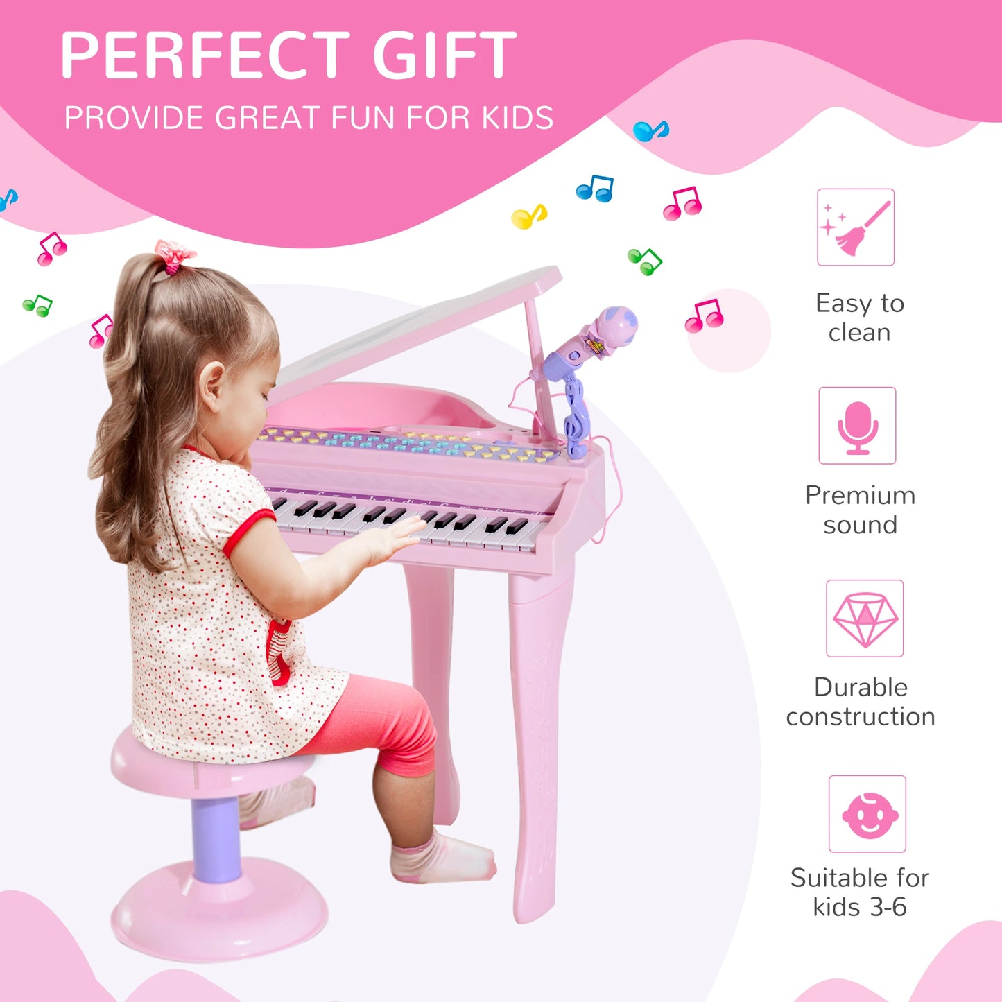 Mini Electronic Piano with Stool and Microphone Stand - Pink