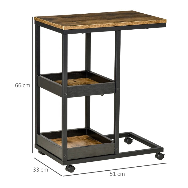 3-Tier C-Shaped Side Table / Bedside Nightstand with 2 Shelves and Laptop Tabletop and Lockable Wheels