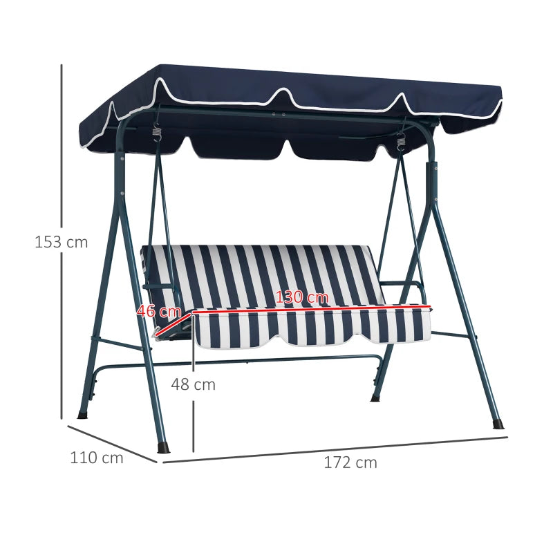 3-Seater Swing Chair with Adjustable Overhead Sun Protection Canopy - Blue / White Stripe