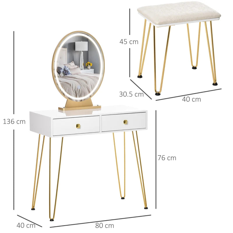 Dressing Table with Built in LED Circular Mirror, 2-Drawer Storage and Cushioned Stool