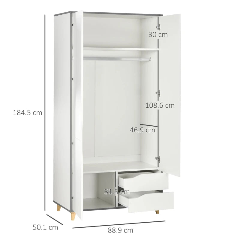 Modern Wardrobe with Handle Cut Outs, Hanging Rail, Underneath Storage Section and 2-Pull Out Drawers - White