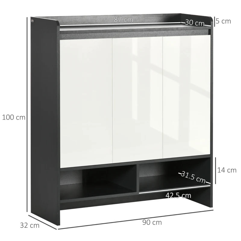 Two-Tone (24 Pair) Black Shoe Storage Cabinet White High Gloss Doors