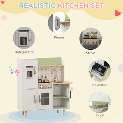 Natural Style Kitchen Playset with Toy Wall Phone, Utensils and Ice Maker