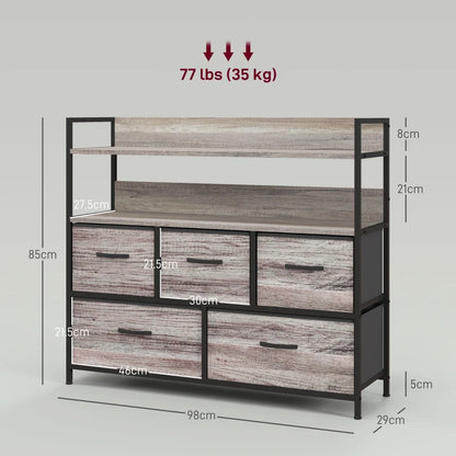 Rustic Chest of Drawers with Black Frame and Grey Fabric Drawers with Wood Effect