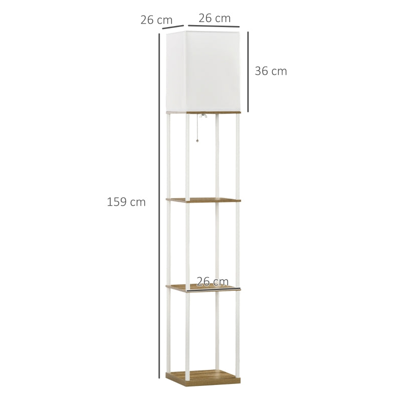 3-Tier Storage Floor Lamp Tall with Fabric Lampshade and Pull Chain Switch