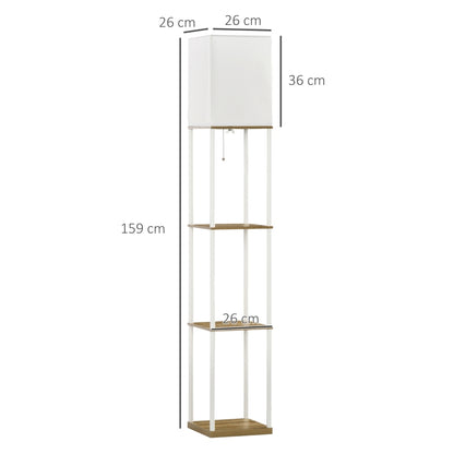 3-Tier Storage Floor Lamp Tall with Fabric Lampshade and Pull Chain Switch