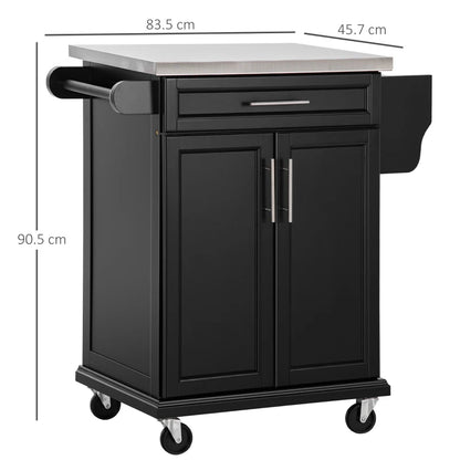 Mobile Kitchen Island / Serving Cart on Wheels with Stainless Steel Worktop - Black