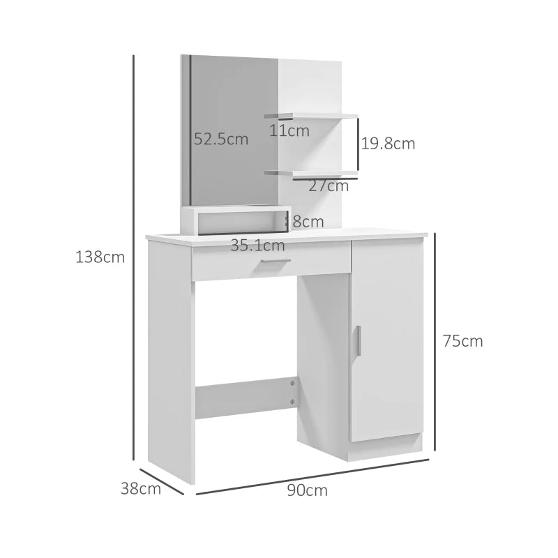 Vanity Mirror Dressing Table with Open Style Shelving and 2-Storage Sections - White