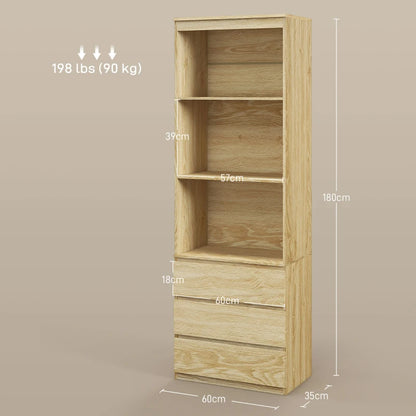 180cm Tall Bookcase with 3-Tier Shelving and 3 Drawer Storage Compartments - Wood Effect