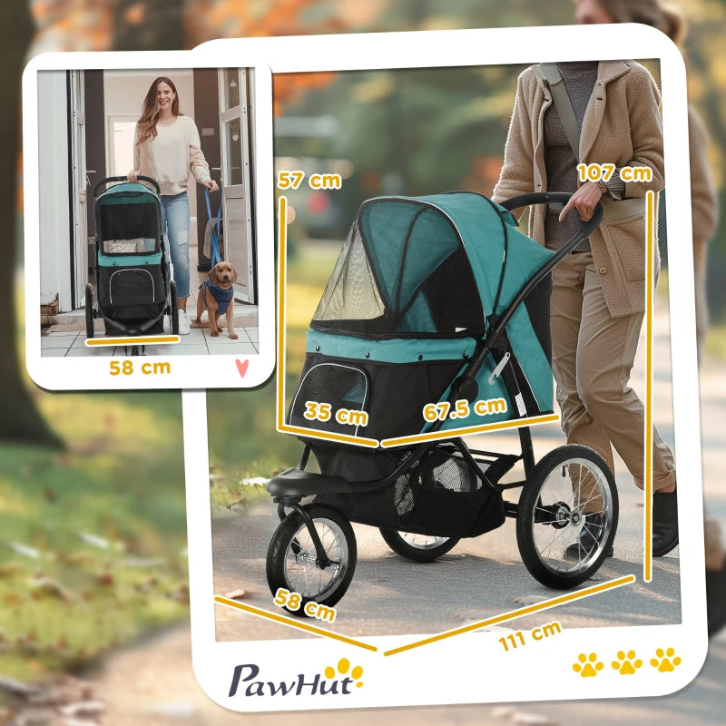 Pet / Dog Stroller - Buggy Pram with Three Wheels, Canopy and Under Netting Storage Compartment - Green