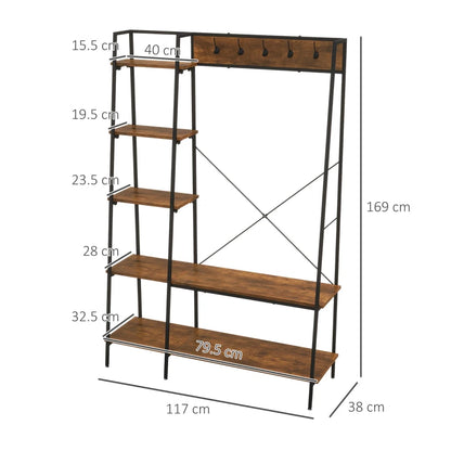 Large Entrance Coat Rack with 2-Tier Shoe Rack, 5 Hooks and 5 Side Shelves