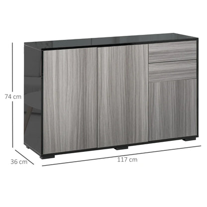 High Gloss Push-Open Design Storage Cabinet with Large & Small Cupboard and 2 Flatbed Drawers - Black / Grey