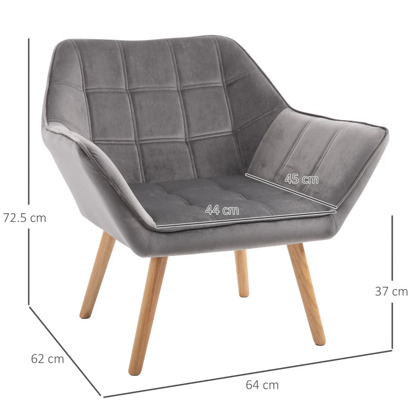 Wide Slanted Back Armchair with Padded Cushion, Iron Frame & Wooden Legs - Grey