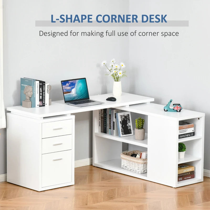 L-Shaped Corner Desk with Drawers & Open Style Shelving