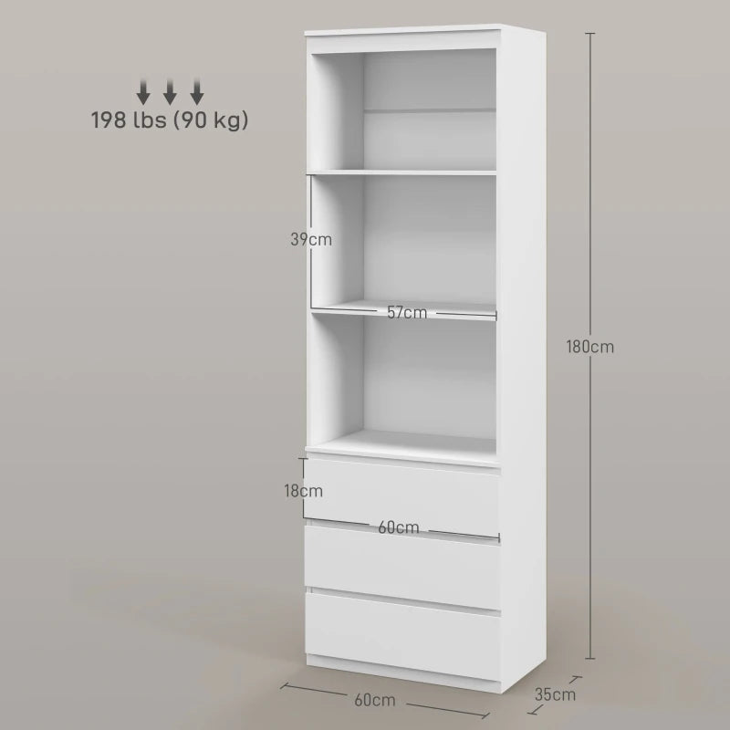 180cm Tall Bookcase with 3-Tier Shelving and 3 Drawer Storage Compartments