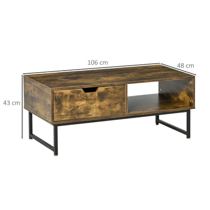 Rustic Style Coffee Table with Storage Shelf, Drawer and Metal Frame