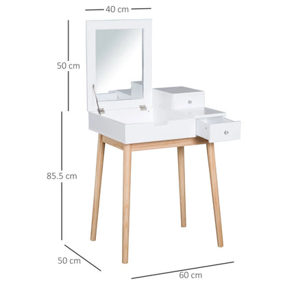 Flip Up Mirror Dressing Table with 3-Drawer Storage and Two-Tone White and Pine