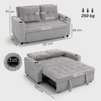 2 Seater Corduroy Sofa bed with Pull-out Design, Cupholders and Side Storage Sleeves - Grey