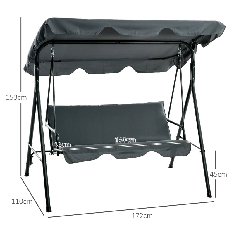 3-Seater Swing Chair with Adjustable Overhead Sun Protection Canopy - Grey