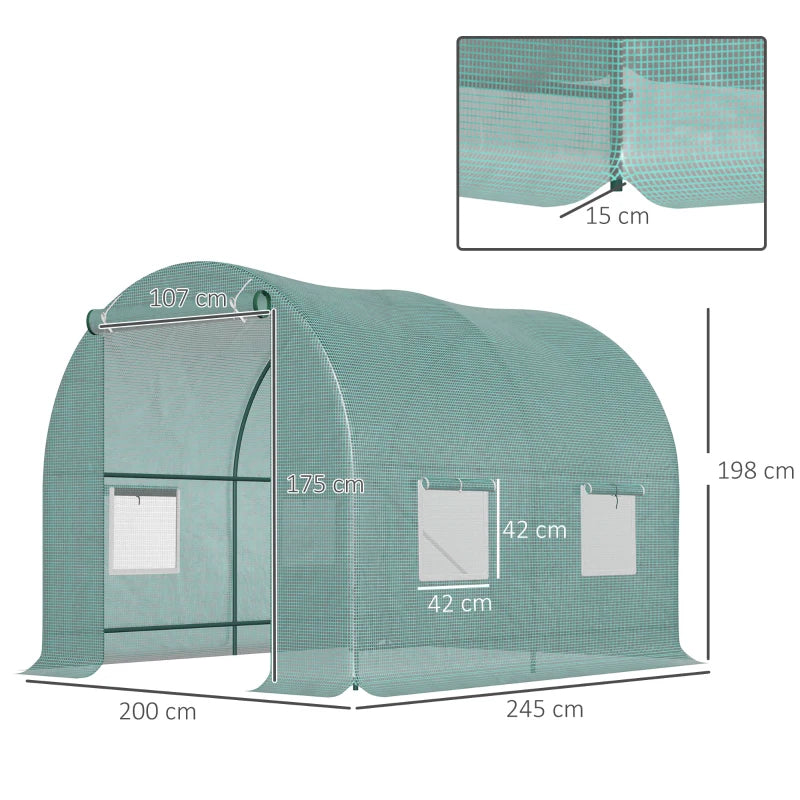 Reinforced Walk-in Polytunnel Greenhouse with Roll Up Door, Galvanised Steel Frame and Zipped Door Windows (2.5m x 2m)