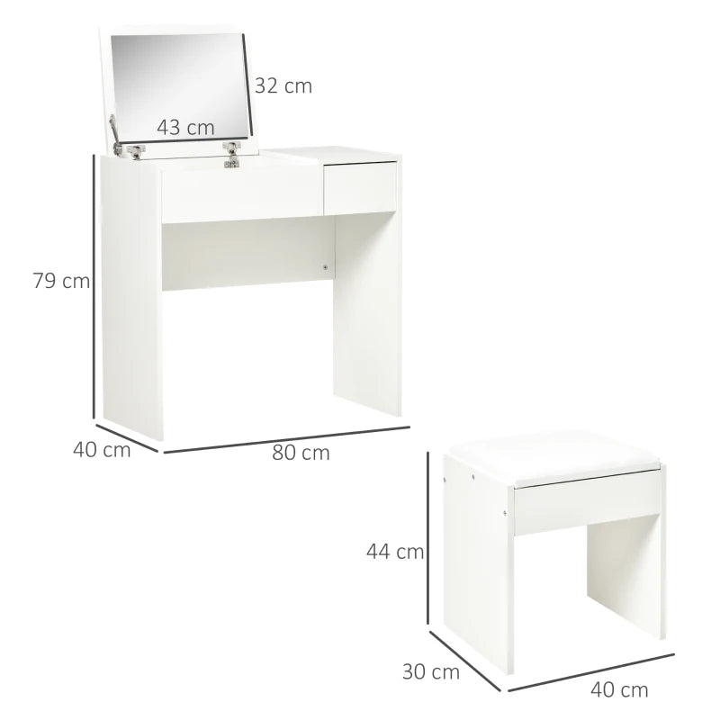 Makeup Dressing Table with Built In Flip up Vanity Mirror & Cube Seat - White