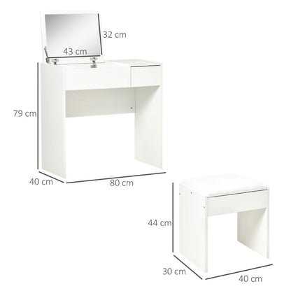 Makeup Dressing Table with Built In Flip up Vanity Mirror & Cube Seat - White