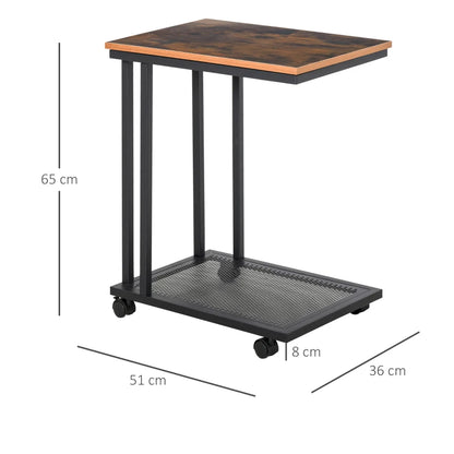 C-Shaped Side Table / Nightstand with Wheels, Storage Shelf and Laptop Stand