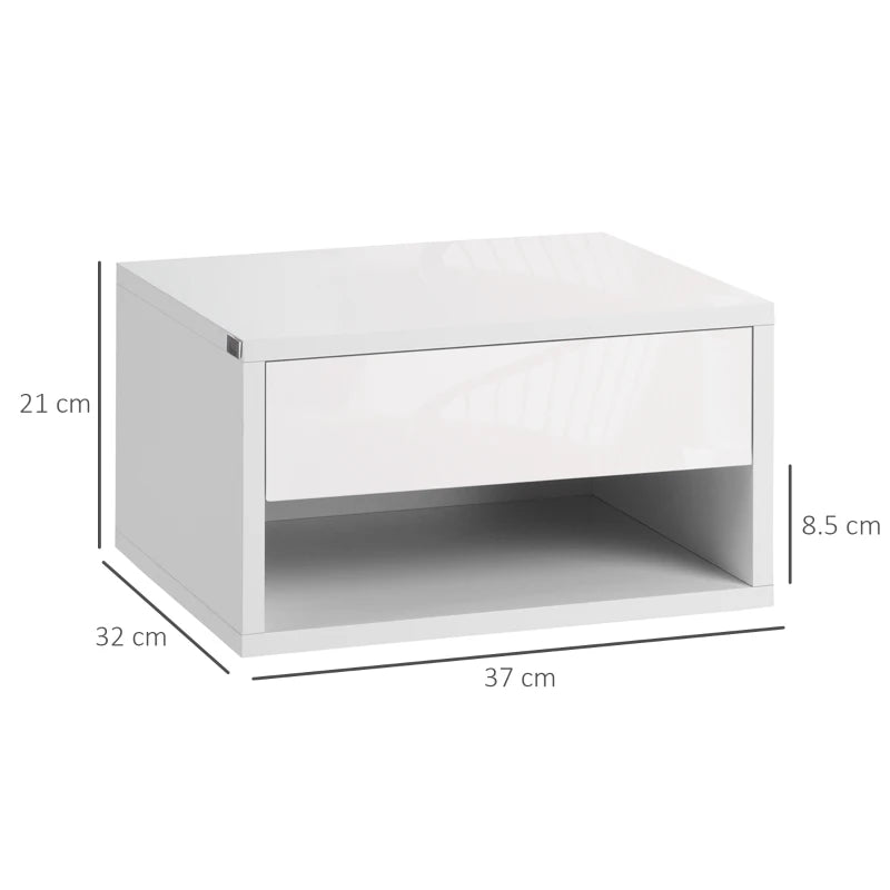 Set of 2 Bed Side Table - Wall Mounted with Drawer & Underneath Shelf - High Gloss White