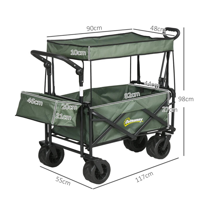 Folding Trolley Cart - Storage Wagon with Canopy & Handle - Green