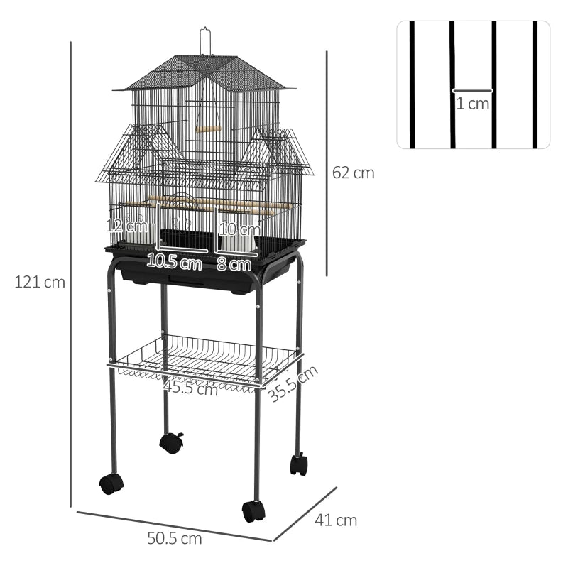 Metal Bird Cage - House Style Design with Swing, Perches, Feeding Cups, Tray - (Stand Included)