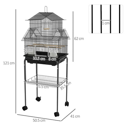 Metal Bird Cage - House Style Design with Swing, Perches, Feeding Cups, Tray - (Stand Included)