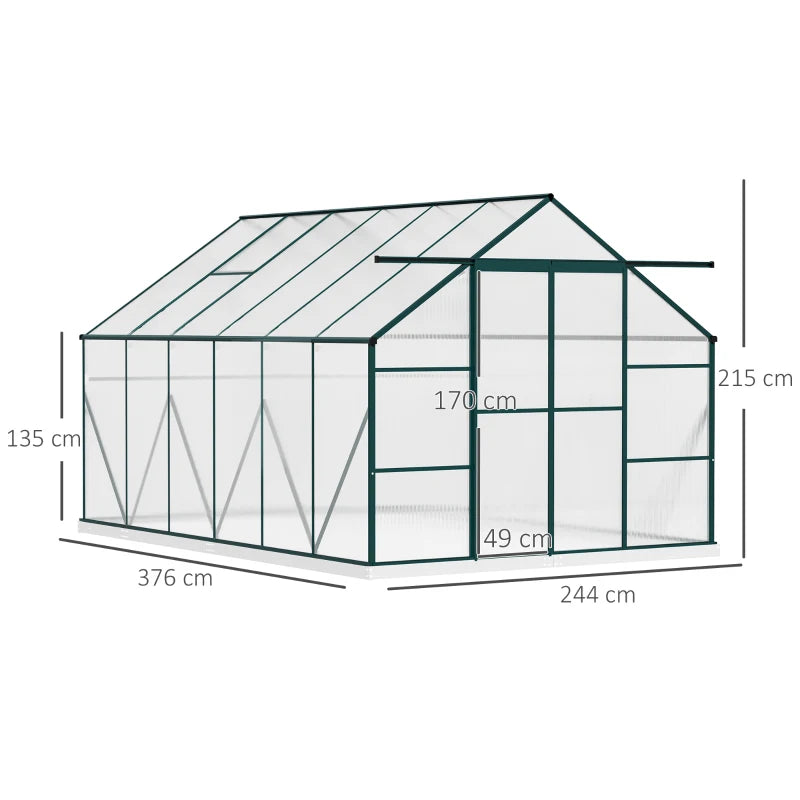 Aluminium Walk-In Greenhouse with Adjustable Roof Vent and Double Sliding Door (8x12ft)