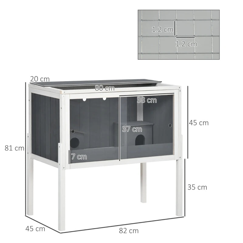 Raised Wooden Hamster Cage with Shelf and Two Huts - Grey