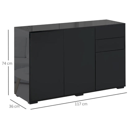 High Gloss Push-Open Design Storage Cabinet with Large & Small Cupboard and 2 Flatbed Drawers - Black