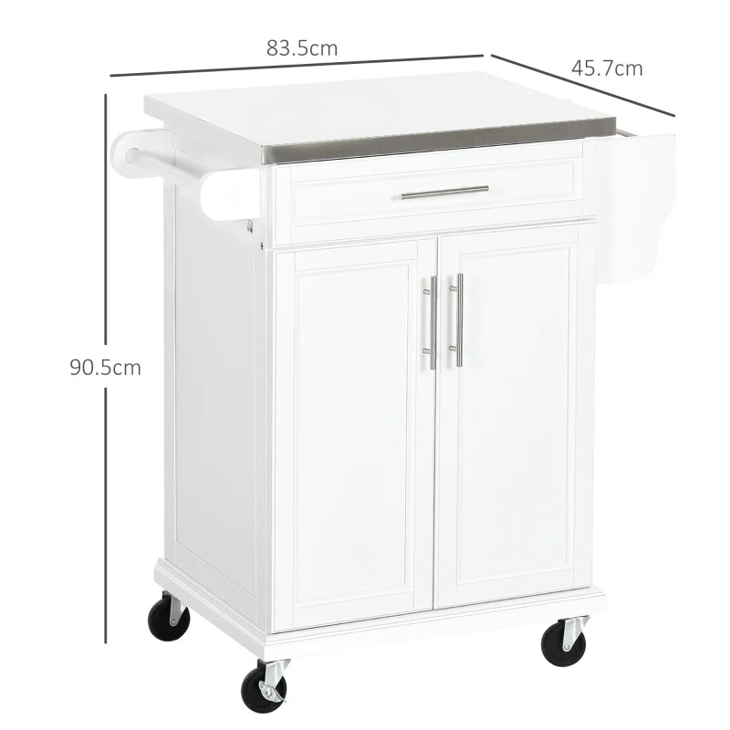 Mobile Kitchen Island / Serving Cart on Wheels with Stainless Steel Worktop - White