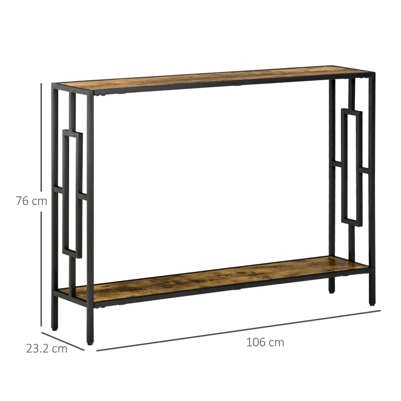 Industrial Style Slim Side Console Table with Metal Frame - Black / Brown Wood Effect