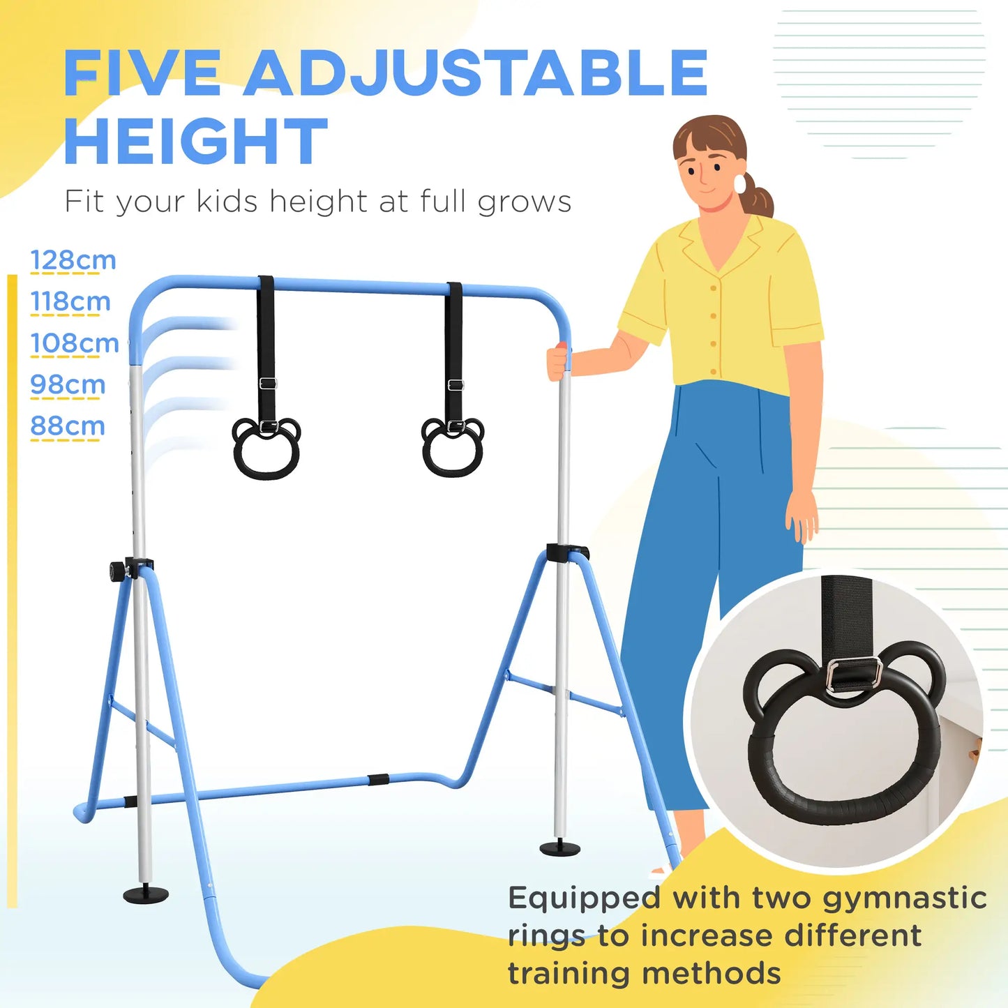 Adjustable Height Gymnastics Bar with Gymnastic Rings Attachment Included - For Kids - Blue