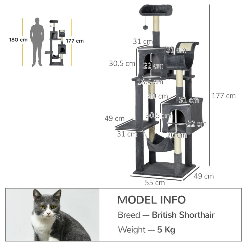 177cm Cat Tree with Scratching Post, Hammock 2 Houses and Top Bed