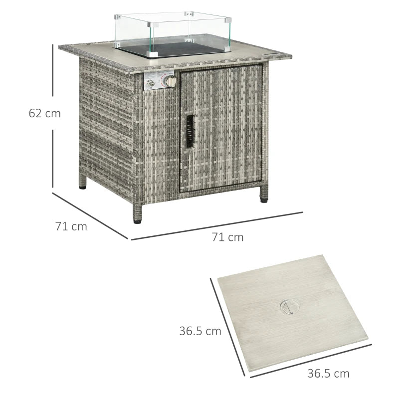 50,000 BTU - Rattan Style Fire Pit Table with Glass Windscreen and Rain Cover